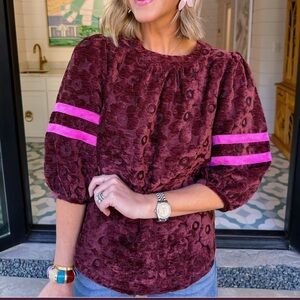 Voy Textured Maroon Puff Sleeve Top with Pink Stripe Detail NWT
